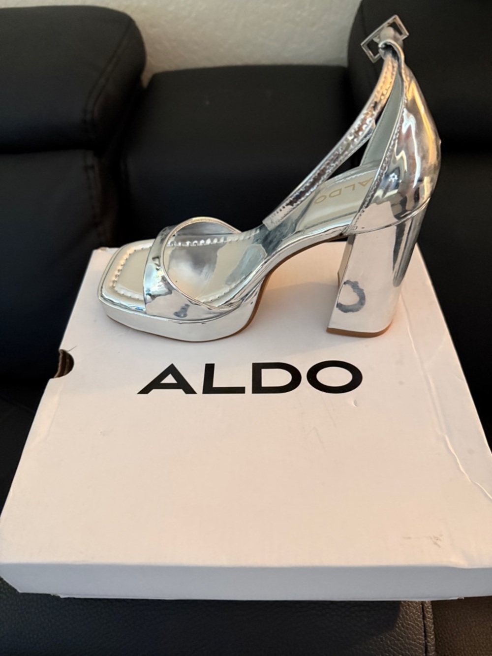 ALDO Silver Mirror Metallic Block Heel Sandal